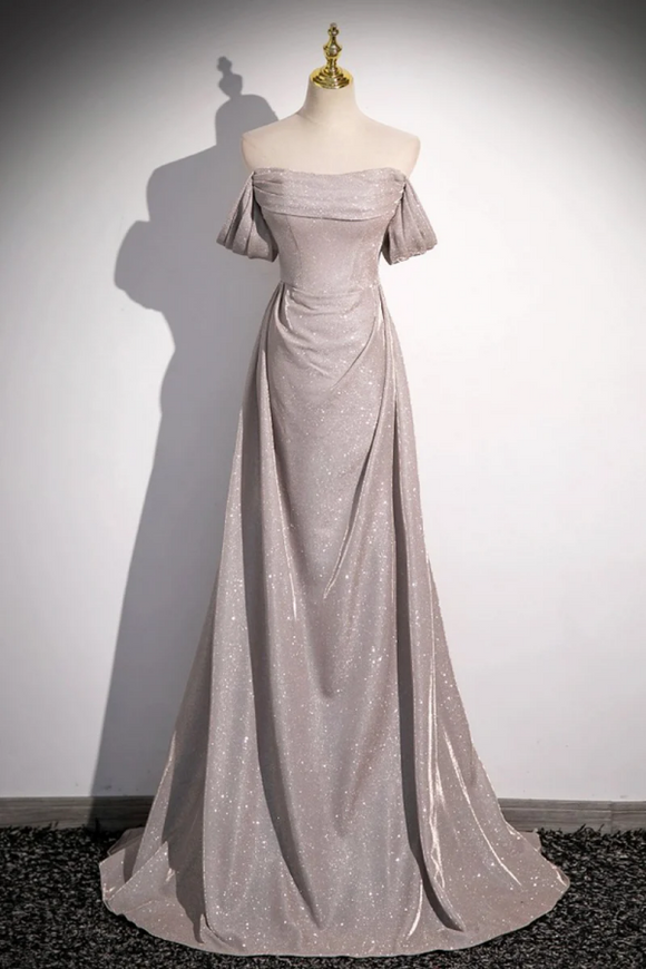 Grey Sequins Ruffle Long Party Dress, Off the Shoulder Short Sleeve Sweep Train Evening Dress KPP1900