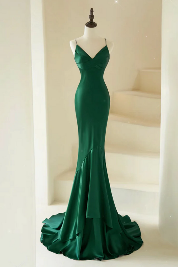 Mermaid V Neck Satin Green Long Prom Dress, Green Satin Long Formal Dress KPP1901