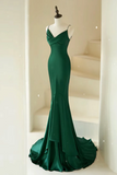 Mermaid V Neck Satin Green Long Prom Dress, Green Satin Long Formal Dress KPP1901