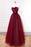 A Line Sweetheart Neck Tulle Burgundy Long Prom Dress, Burgundy Long Formal Dress KPP1902