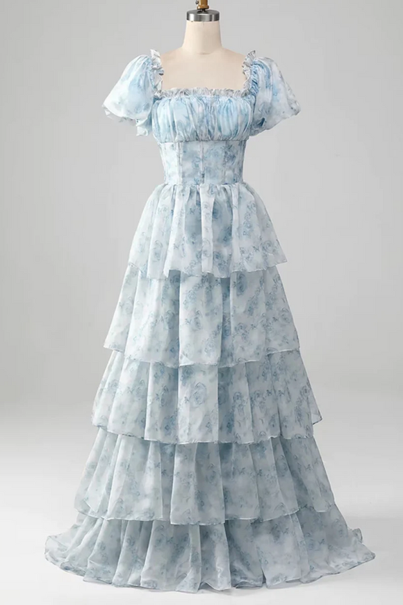 Light Blue Floral Short Sleeves Long Prom Dress, Light Blue Party Dress KPP1904