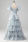 Light Blue Floral Short Sleeves Long Prom Dress, Light Blue Party Dress KPP1904