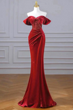 Burgundy Velvet Sequins Long Prom Dress, Mermaid Off the Shoulder Party Dress with Slit KPP1905