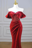 Burgundy Velvet Sequins Long Prom Dress, Mermaid Off the Shoulder Party Dress with Slit KPP1905