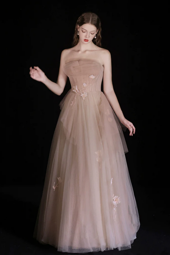A Line Champagne Tulle Beads Long Prom Dress, Champagne Tulle Long Formal Dress KPP1906