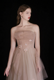 A Line Champagne Tulle Beads Long Prom Dress, Champagne Tulle Long Formal Dress KPP1906