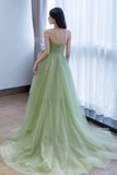 A Line Tulle Lace Green Long Prom Dress, Green Long Evening Dress KPP1907