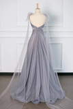 Gray Tulle V Neck Floor Length Prom Dress, A Line Backless Evening Party Dress KPP1908