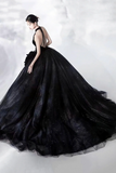 Black Halter Shiny Tulle Long Ball Gown, Black A Line Backless Formal Dress KPP1909