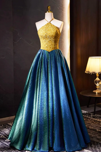 Retro Halter Neck Long Prom Dress, Elegant A Line Evening Party Dress KPP1910