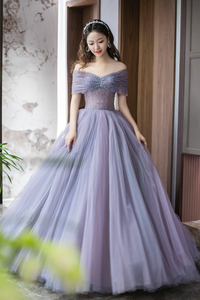 Purple Tulle Beaded Floor Length Prom Dress, Off Shoulder A Line Evening Dress KPP1911
