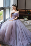 Purple Tulle Beaded Floor Length Prom Dress, Off Shoulder A Line Evening Dress KPP1911