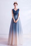 Blue V Neck Gradient Tulle Prom Dress with Beaded, Long A Line Evening Dress KPP1913
