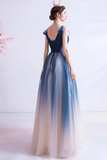 Blue V Neck Gradient Tulle Prom Dress with Beaded, Long A Line Evening Dress KPP1913