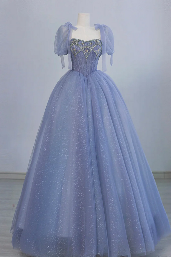 Blue Tulle Beaded Long Prom Dress, Beautiful A Line Blue Evening Party Dress KPP1914