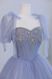 Blue Tulle Beaded Long Prom Dress, Beautiful A Line Blue Evening Party Dress KPP1914