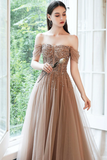 Off Shoulder Tulle Sequins Long Prom Dress, A Line Formal Dress KPP1915