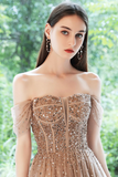 Off Shoulder Tulle Sequins Long Prom Dress, A Line Formal Dress KPP1915