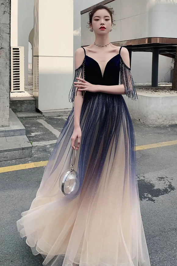 Blue Ombre Tulle V Neck Long Party Dress, A Line Prom Dress KPP1916