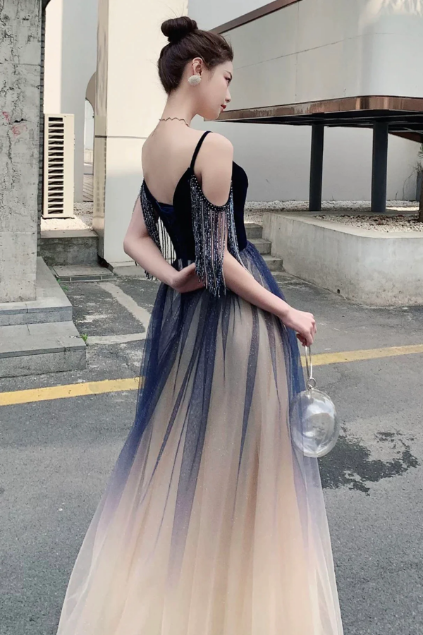 Blue Ombre Tulle V Neck Long Party Dress, A Line Prom Dress KPP1916 –  kateprom