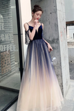 Blue Ombre Tulle V Neck Long Party Dress, A Line Prom Dress KPP1916