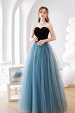 Blue Tulle Long A Line Prom Dress, Lovely Strapless Evening Dress KPP1917