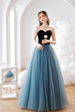 Blue Tulle Long A Line Prom Dress, Lovely Strapless Evening Dress KPP1917