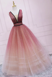 Cute Ombre Tulle V Neck Long Party Dress, A Line Prom Dress KPP1918