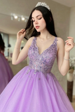 Purple V Neck Lace Long Prom Dress, A Line Party Graduation Dress KPP1919