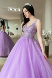 Purple V Neck Lace Long Prom Dress, A Line Party Graduation Dress KPP1919