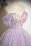 Lilac Strapless Tulle Long Prom Dresses with Flowers, Lilac Off the Shoulder Formal Evening Dresses KPP1920