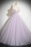 Lilac Strapless Tulle Long Prom Dresses with Flowers, Lilac Off the Shoulder Formal Evening Dresses KPP1920