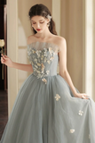 Gray Tulle Strapless Long Prom Dress, Lovely A Line Sweetheart Neck Party Dress KPP1923