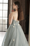 Gray Tulle Strapless Long Prom Dress, Lovely A Line Sweetheart Neck Party Dress KPP1923