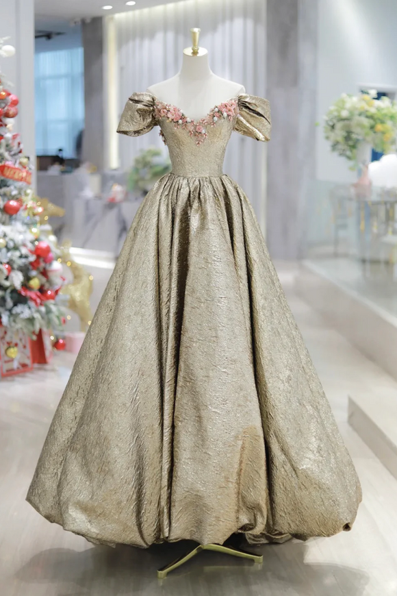 Gold Satin V Neck Long Prom Dress with Flowers, Off the Shoulder A Line Formal Dress KPP1924