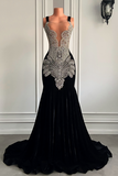 Luxury Long Prom Dresses Sexy Mermaid Style Sparkly Silver Diamond Crystals Black Girl Velvet Prom Party Gowns KPP1925