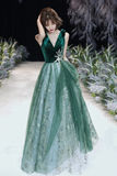 Green Velvet Tulle Long Prom Dresses, V Neck Green Evening Dresses KPP1930