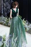 Green Velvet Tulle Long Prom Dresses, V Neck Green Evening Dresses KPP1930