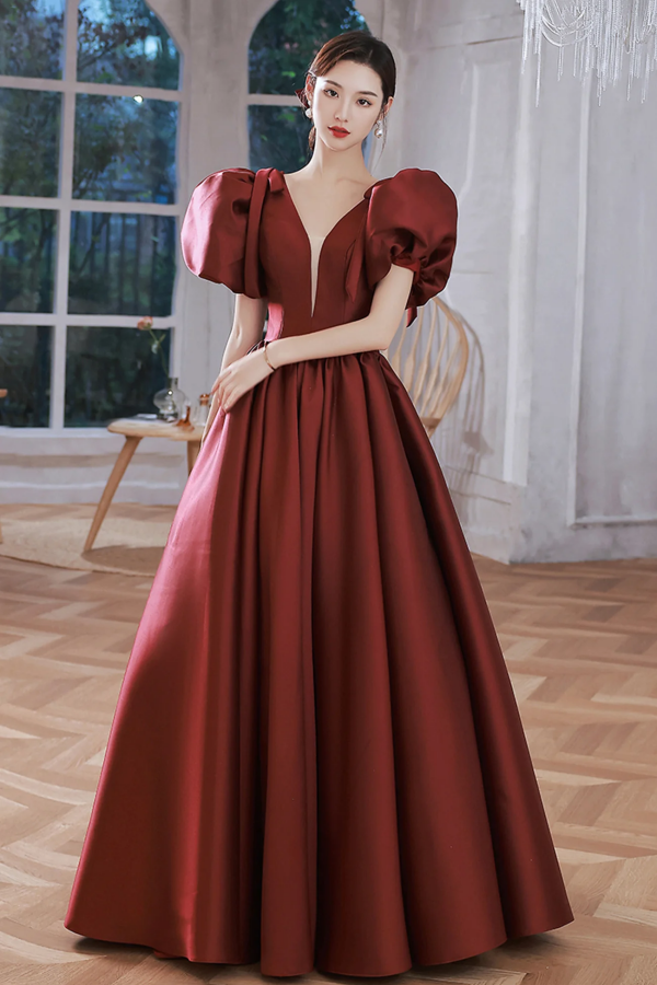 Burgundy Satin Long Prom Dresses, Lovely Puff Sleeve Evening Gown KPP1 –  kateprom