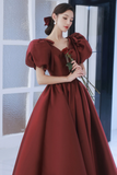 Burgundy Satin Long Prom Dresses, Lovely Puff Sleeve Evening Gown KPP1931