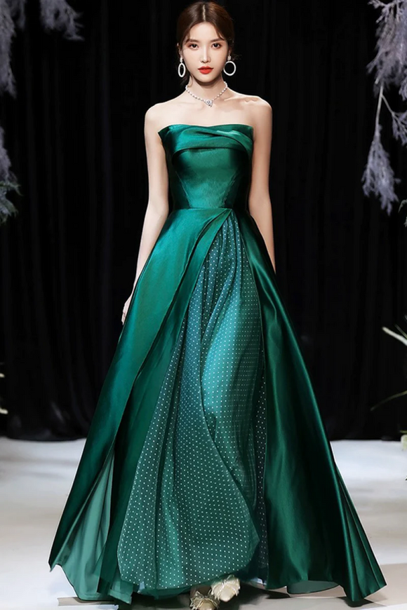 Dark Green Satin Long Prom Dress, Green A Line Strapless Evening Dress KPP1932