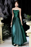 Dark Green Satin Long Prom Dress, Green A Line Strapless Evening Dress KPP1932