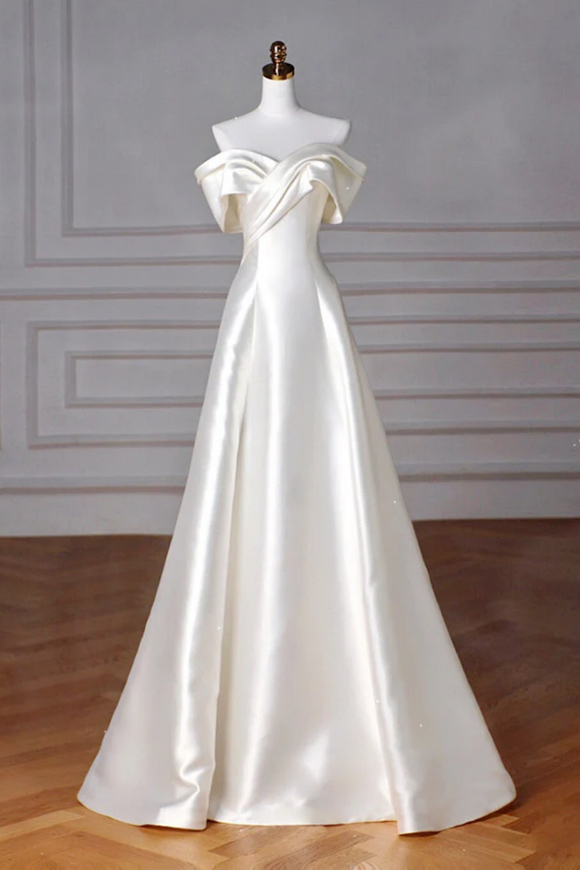 A Line Off Shoulder Satin ivory Long Prom Dress, Satin Long Formal Dress KPP1933