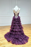 Purple Tulle Layers Long Prom Dress, Purple Spaghetti Strap A Line Evening Party Dress KPP1934