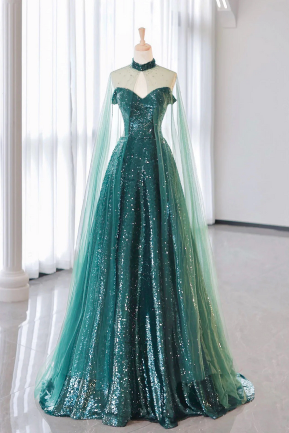 A Line Tulle Sequin Green Long Prom Dress, Green Formal Evening Dress KPP1936