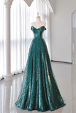A Line Tulle Sequin Green Long Prom Dress, Green Formal Evening Dress KPP1936