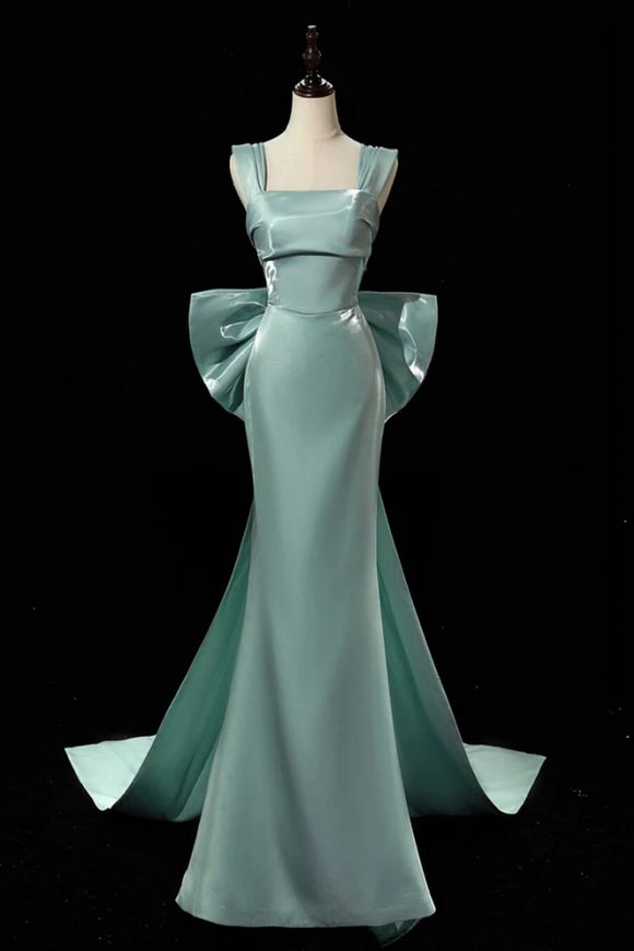 Simple Satin Green Long Prom Dress, Green Long Formal Dress with bow tie KPP1937