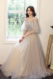 Gray v neck tulle long prom dress, Gray A line tulle formal dress KPP1938