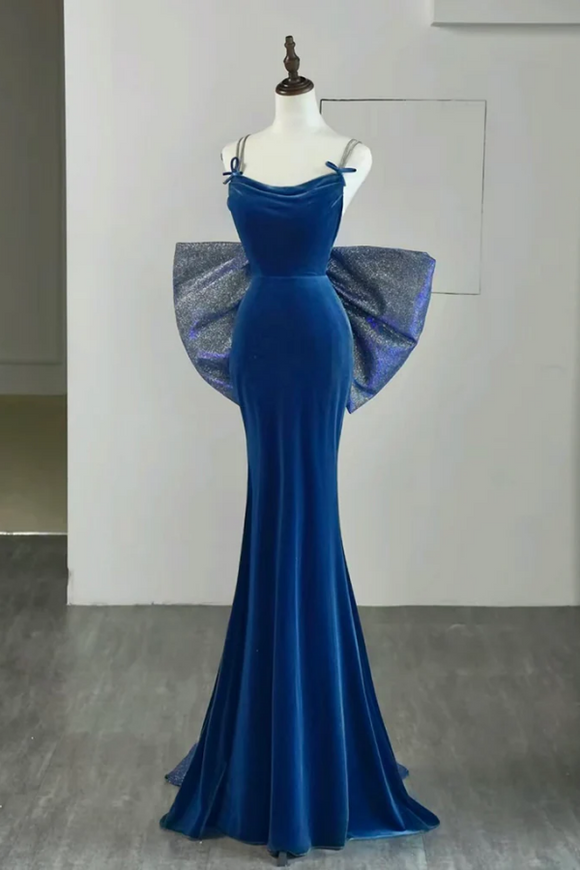 Simple Velvet Blue Mermaid Long Prom Dress, Backless Velvet Blue Evening Dress KPP1940