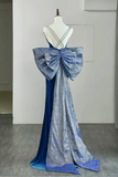 Simple Velvet Blue Mermaid Long Prom Dress, Backless Velvet Blue Evening Dress KPP1940